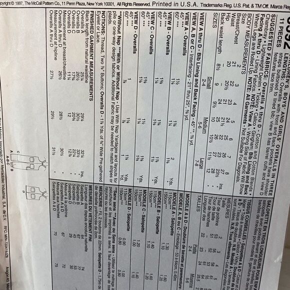 McCall’s Unisex 2 Hour Overall Sewing Pattern Size Large 7 & 8 Unused NWT - Picture 2 of 2